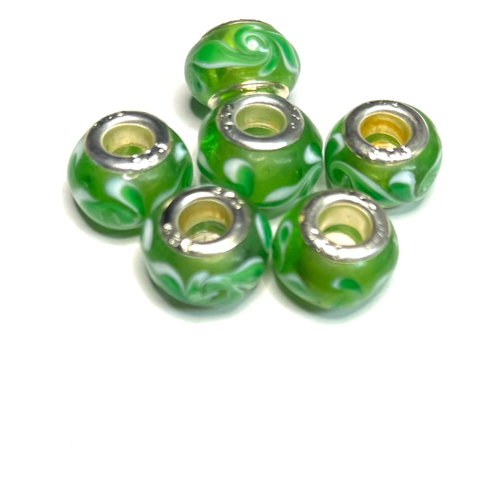6 Green and Silver (925) large hole Beads